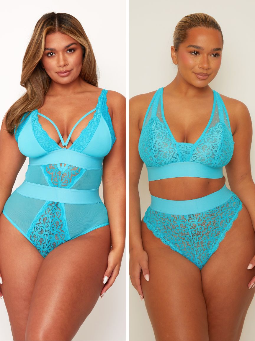 Two images of a woman wearing a blue lace lingerie set against a plain background.