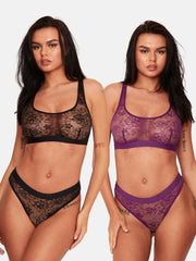 Millie-Mae Twin Pack Crop Bralettes and Brief Set : Black & Velvet Purple