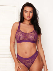 Millie-Mae Twin Pack Crop Bralettes and Brief Set : Black & Velvet Purple