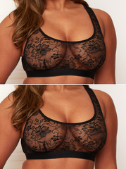 Black lace bralette worn by a model on a plain background