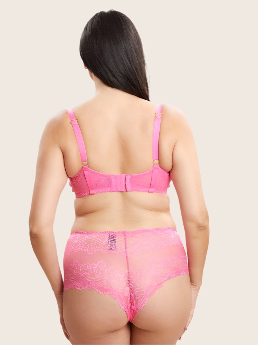 back detail of a neon pink tutti frutti bra and short lingerie set