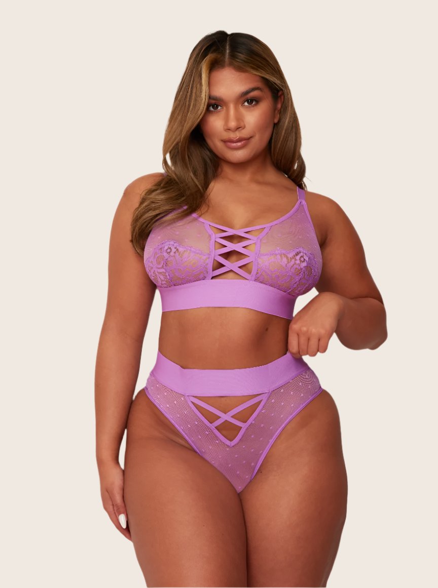 Abigail bralette in Amethyst with fashionable sheer spot mesh.